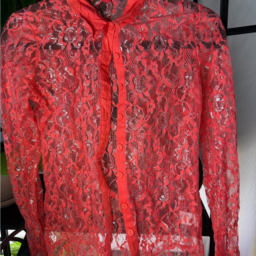 BONGO Coral Lace Button-Up Blouse